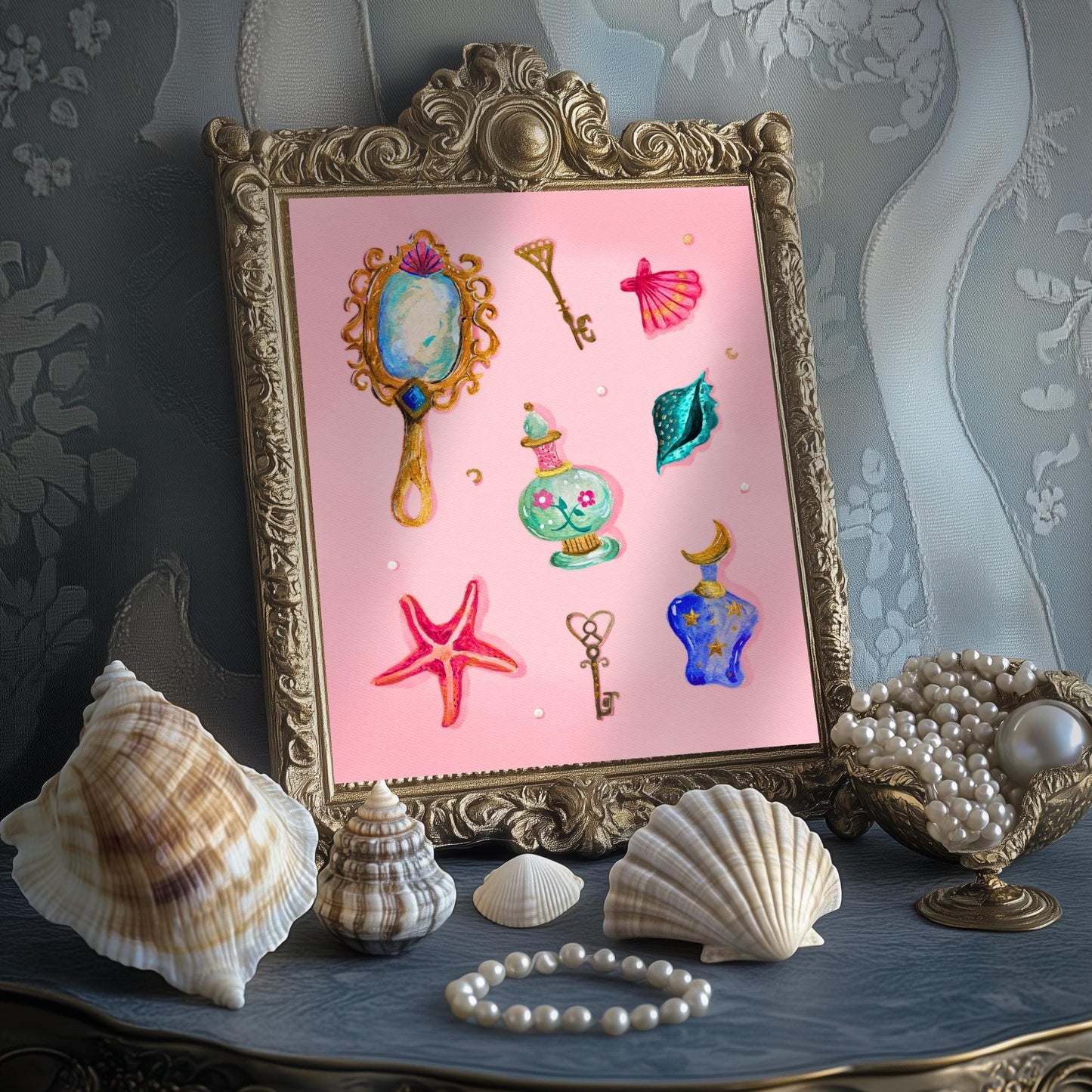 Pearls and Things – Coquette Vanity Print – Pastel Coastal Wall Art – Dark Feminine Ocean Decor – Mystical Mermaidcore Aesthetic