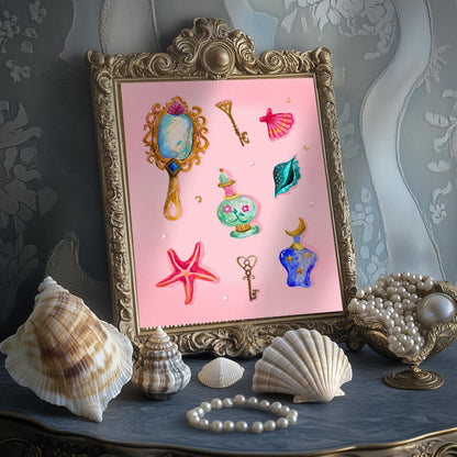 Pearls and Things – Coquette Vanity Print – Pastel Coastal Wall Art – Dark Feminine Ocean Decor – Mystical Mermaidcore Aesthetic