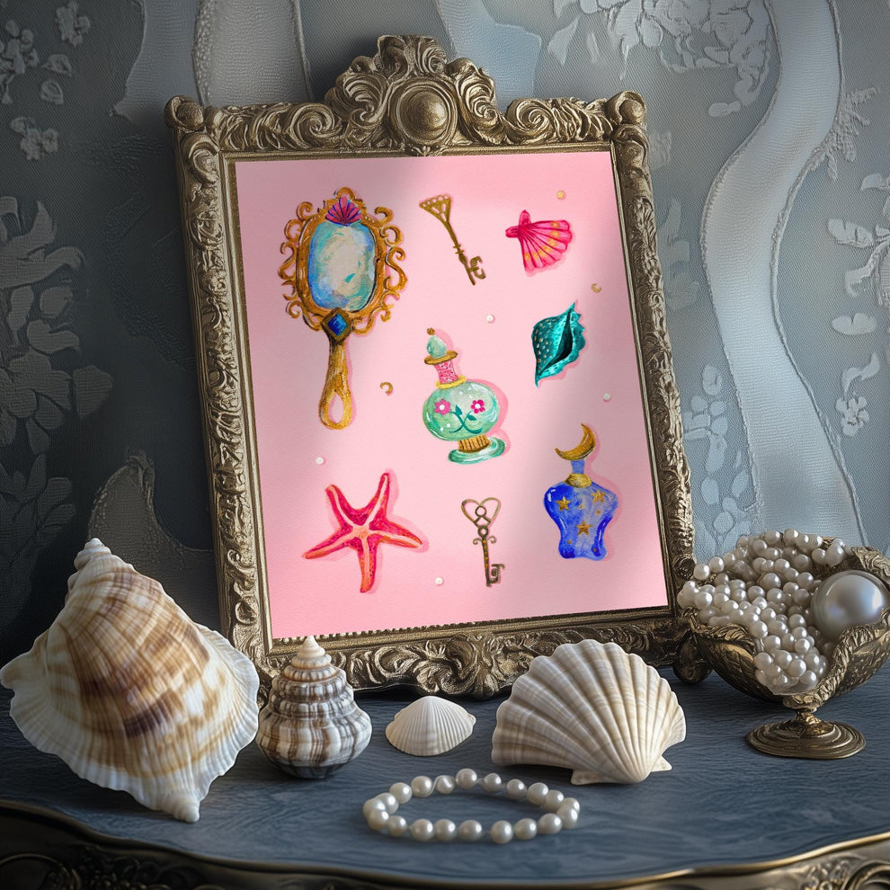Pearls and Things – Coquette Vanity Print – Pastel Coastal Wall Art – Dark Feminine Ocean Decor – Mystical Mermaidcore Aesthetic