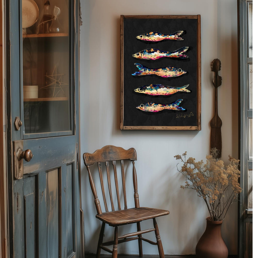 Moody Jewel Toned Sardines Print – Hand-Painted Nautical Wall Art – Rustic Coastal Decor – Textured Art Print – Ocean Kitchen Wall Art
