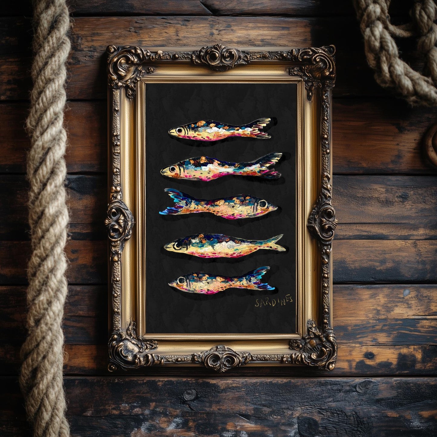 Moody Jewel Toned Sardines Print – Hand-Painted Nautical Wall Art – Rustic Coastal Decor – Textured Art Print – Ocean Kitchen Wall Art