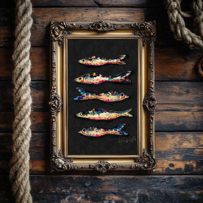 Moody Jewel Toned Sardines Print – Hand-Painted Nautical Wall Art – Rustic Coastal Decor – Textured Art Print – Ocean Kitchen Wall Art