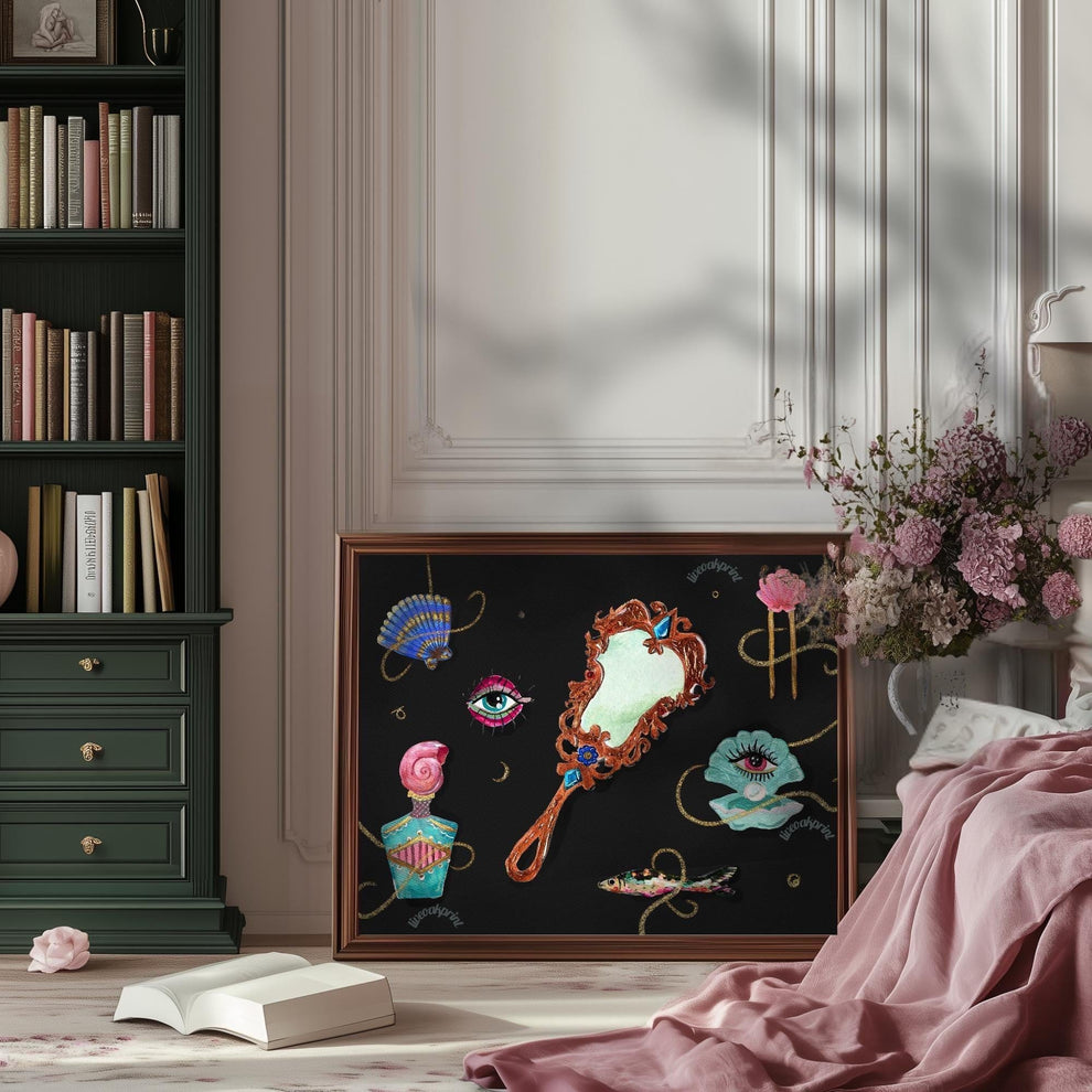 Underwater Relics – Surreal Vanity Wall Art, Dark Ocean Mermaidcore Decor, Maximalist Coquette Art Print, Mystical Bathroom or Bedroom Print