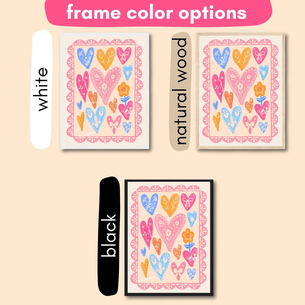 Folk Heart and Flower Art Print – Soft Pastel Maximalist Wall Art – Coquette Heart Print – Scandinavian Folk Inspired Lace Wall Decor