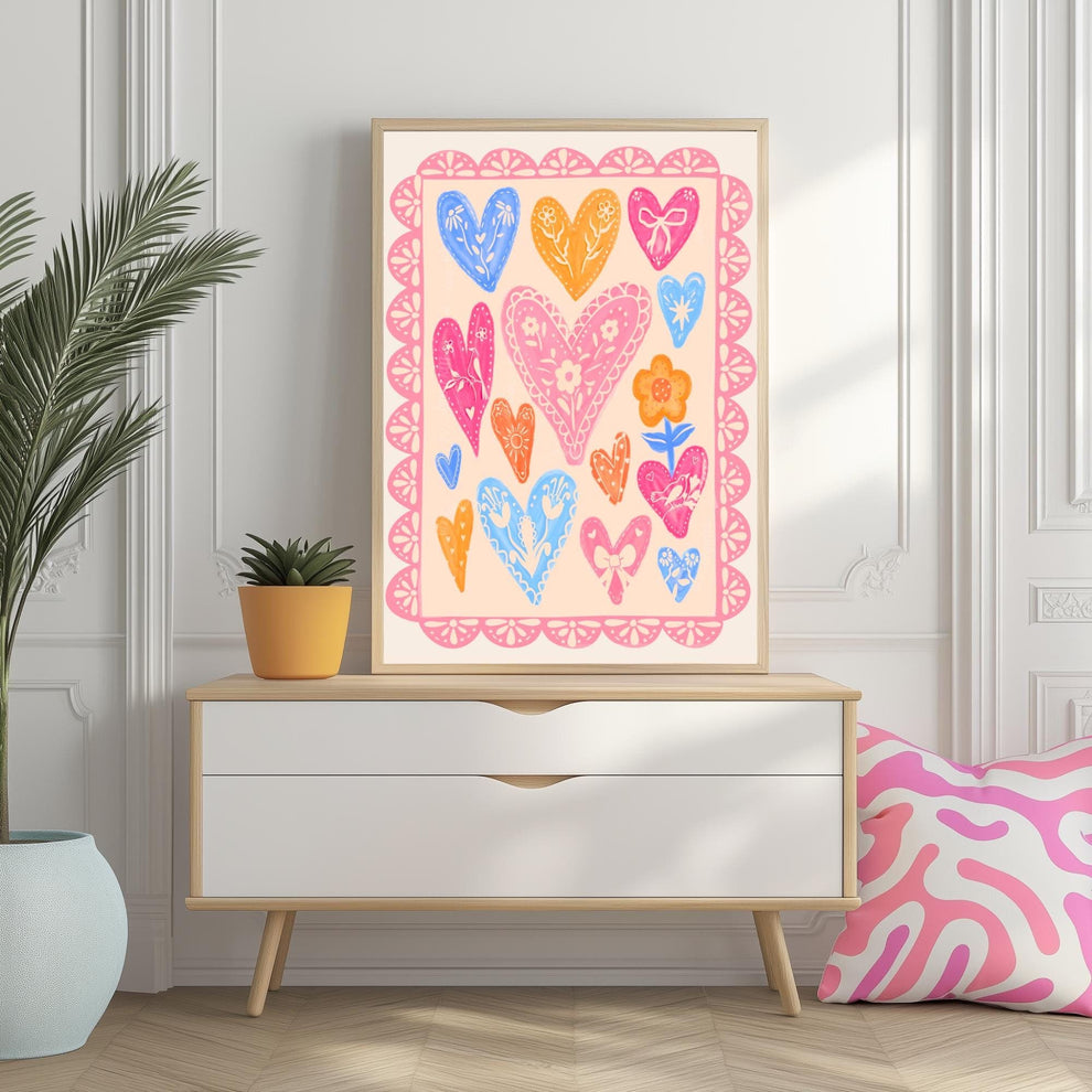 Folk Heart and Flower Art Print – Soft Pastel Maximalist Wall Art – Coquette Heart Print – Scandinavian Folk Inspired Lace Wall Decor