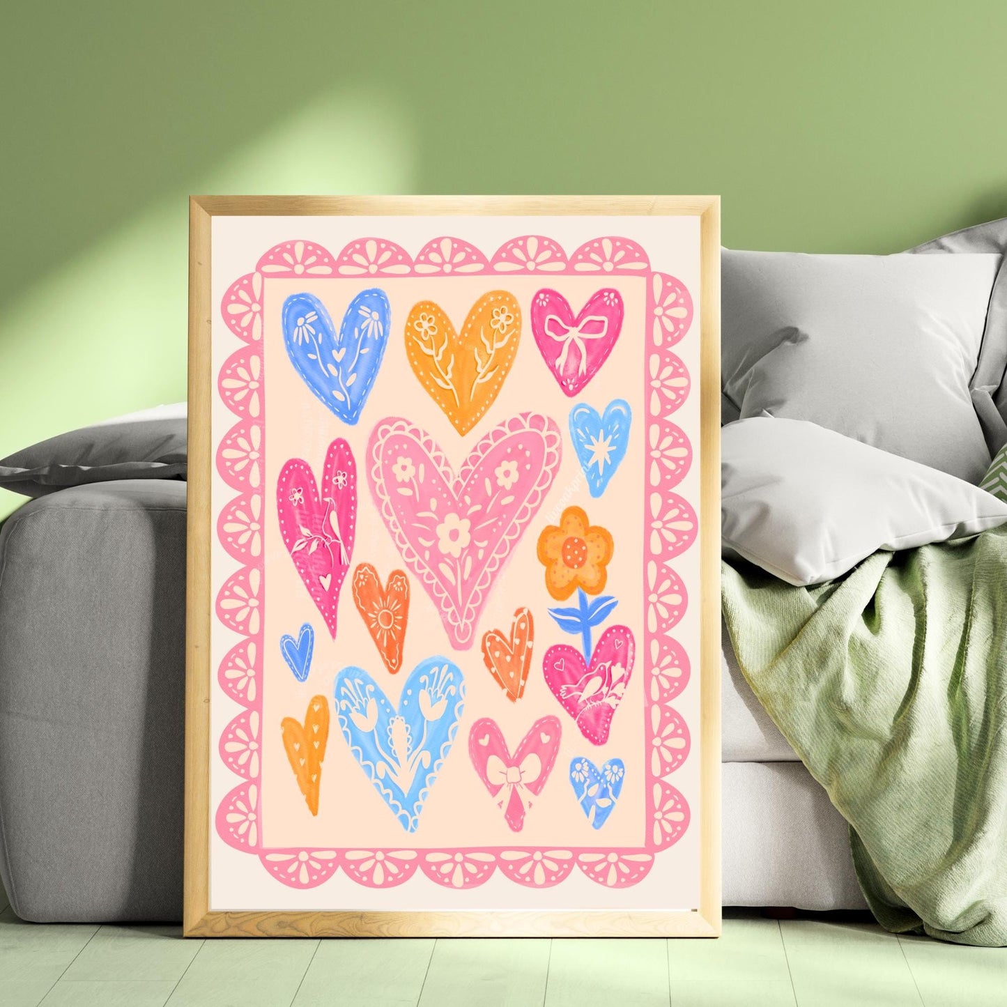 Folk Heart and Flower Art Print – Soft Pastel Maximalist Wall Art – Coquette Heart Print – Scandinavian Folk Inspired Lace Wall Decor