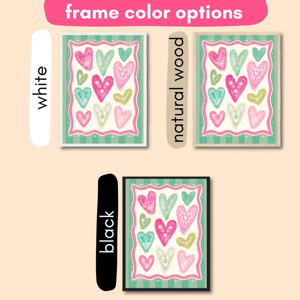 Green and Pink Heart Print – Whimsical Folk Art Wall Decor – Coquette Heart Art – Scandinavian Maximalist Pastel Wall Art – Dopamine Decor