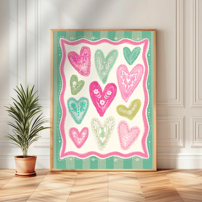 Green and Pink Heart Print – Whimsical Folk Art Wall Decor – Coquette Heart Art – Scandinavian Maximalist Pastel Wall Art – Dopamine Decor