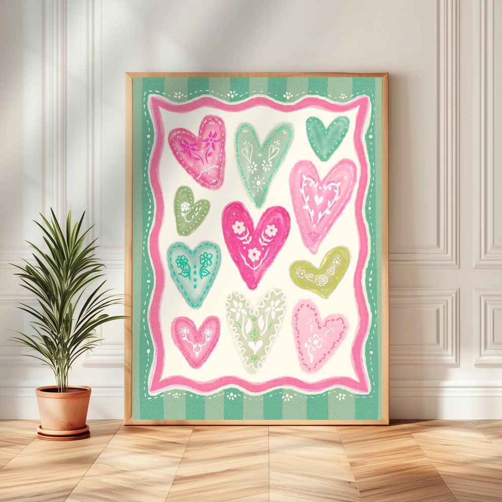 Green and Pink Heart Print – Whimsical Folk Art Wall Decor – Coquette Heart Art – Scandinavian Maximalist Pastel Wall Art – Dopamine Decor