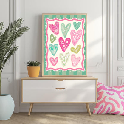 Green and Pink Heart Print – Whimsical Folk Art Wall Decor – Coquette Heart Art – Scandinavian Maximalist Pastel Wall Art – Dopamine Decor
