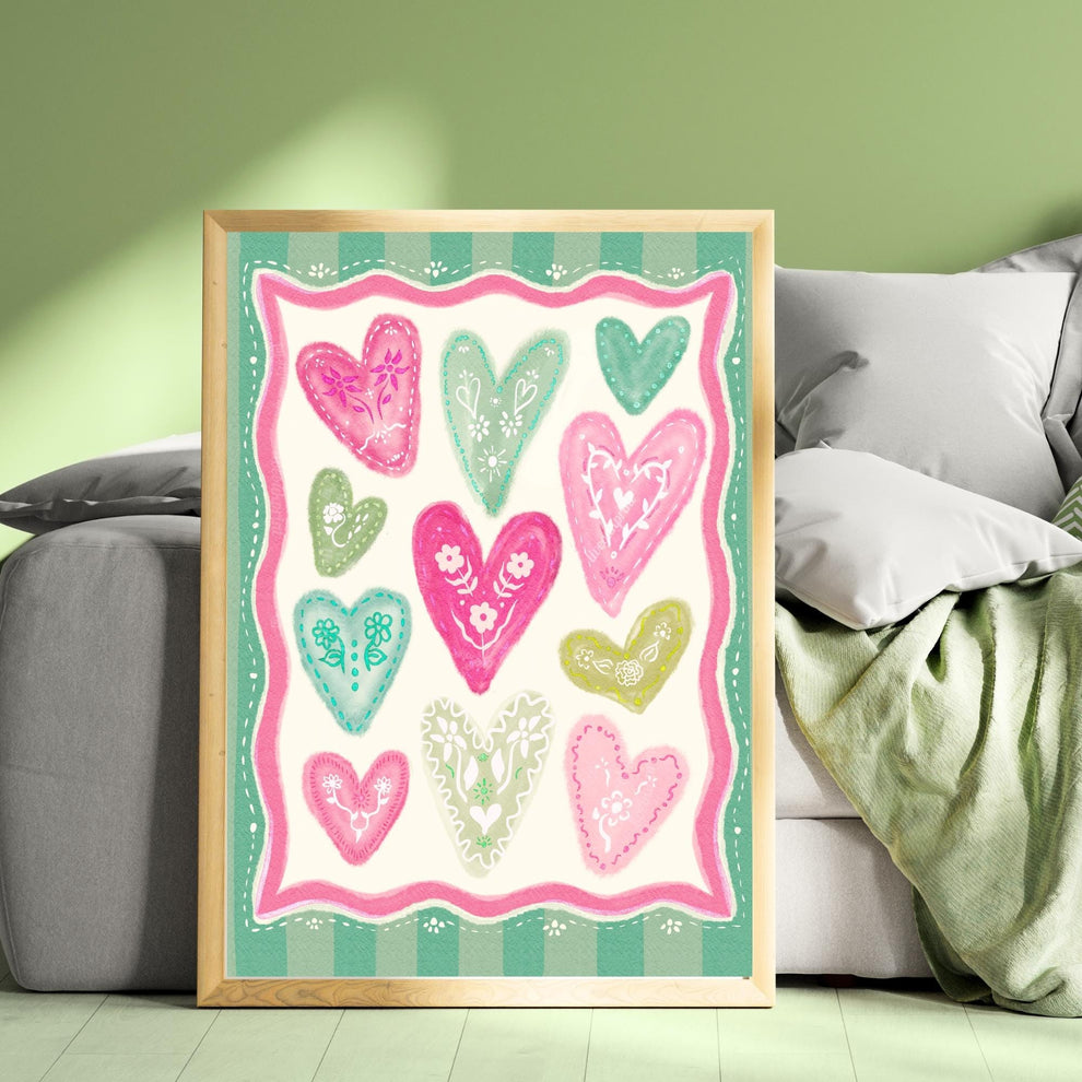 Green and Pink Heart Print – Whimsical Folk Art Wall Decor – Coquette Heart Art – Scandinavian Maximalist Pastel Wall Art – Dopamine Decor