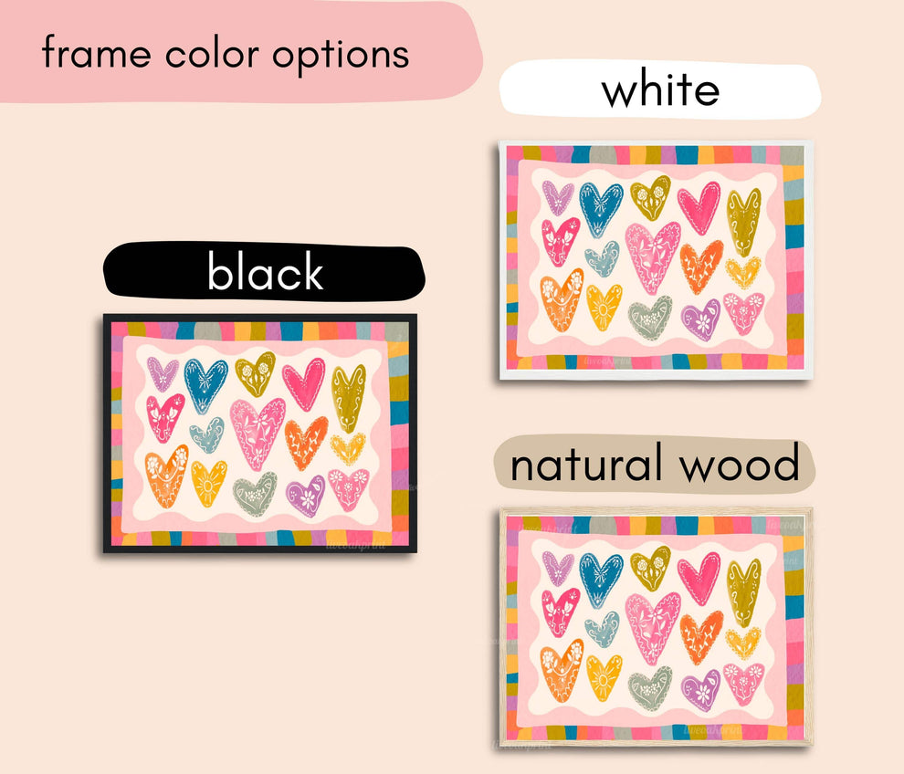 Horizontal Heart Print – Colorful Folk Heart Wall Art – Bright Maximalist Wall Decor – Whimsical Pastel Rainbow Art – Coquette Dopamine