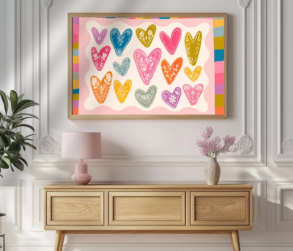 Horizontal Heart Print – Colorful Folk Heart Wall Art – Bright Maximalist Wall Decor – Whimsical Pastel Rainbow Art – Coquette Dopamine