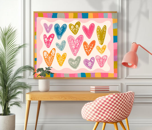 Horizontal Heart Print – Colorful Folk Heart Wall Art – Bright Maximalist Wall Decor – Whimsical Pastel Rainbow Art – Coquette Dopamine
