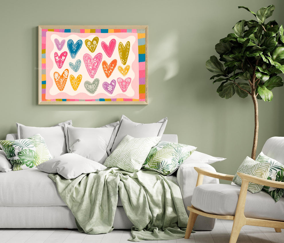 Horizontal Heart Print – Colorful Folk Heart Wall Art – Bright Maximalist Wall Decor – Whimsical Pastel Rainbow Art – Coquette Dopamine