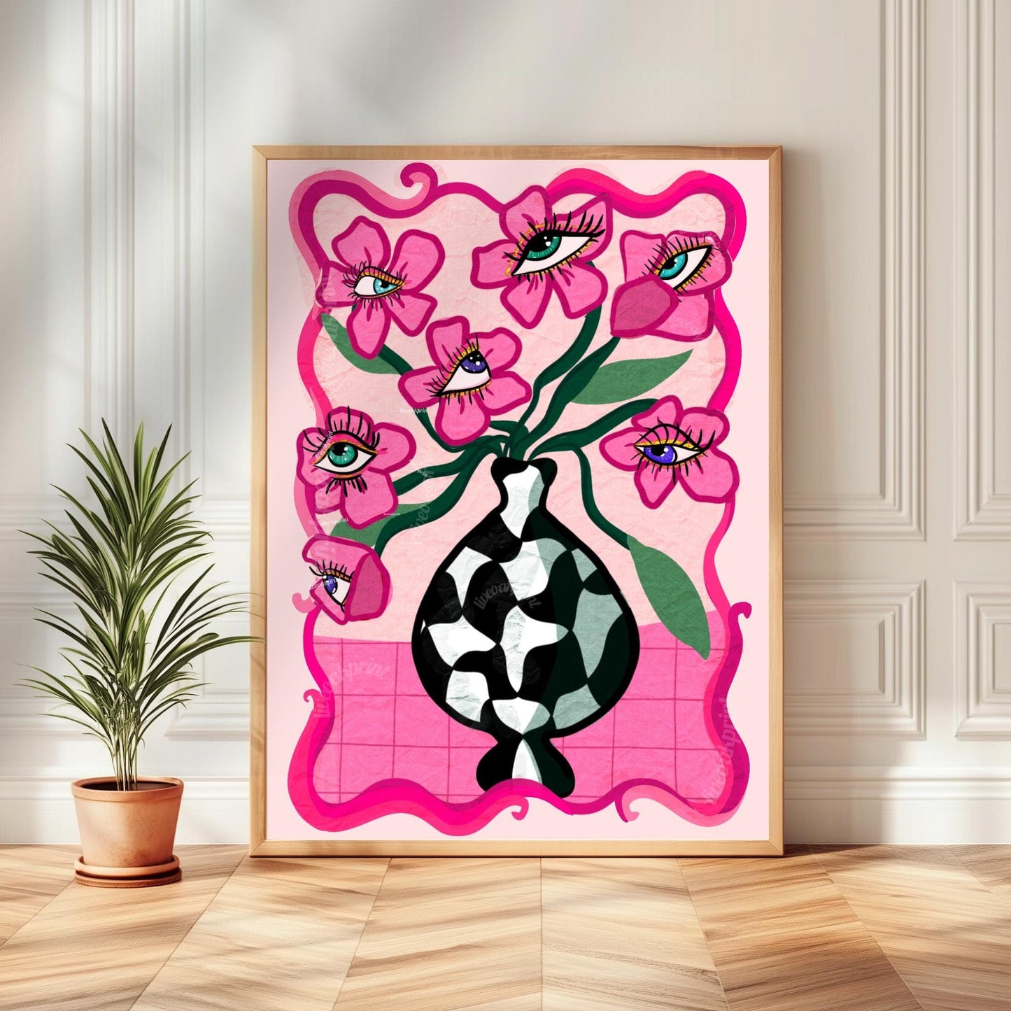 Pink Surreal Eye Flower Print – Funky Maximalist Wall Art – Pink Checkerboard Vase Poster – Trippy Retro Decor – Dopamine Aesthetic Eyeballs