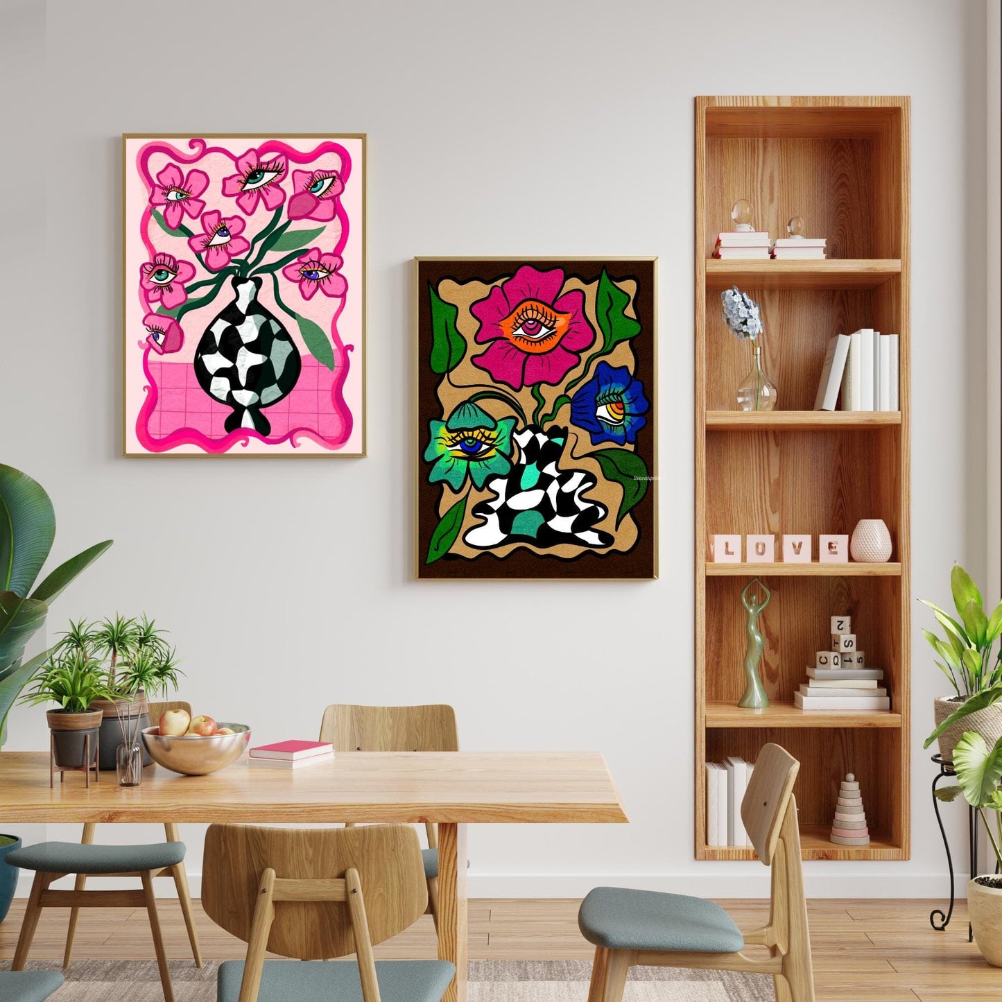 Pink Surreal Eye Flower Print – Funky Maximalist Wall Art – Pink Checkerboard Vase Poster – Trippy Retro Decor – Dopamine Aesthetic Eyeballs
