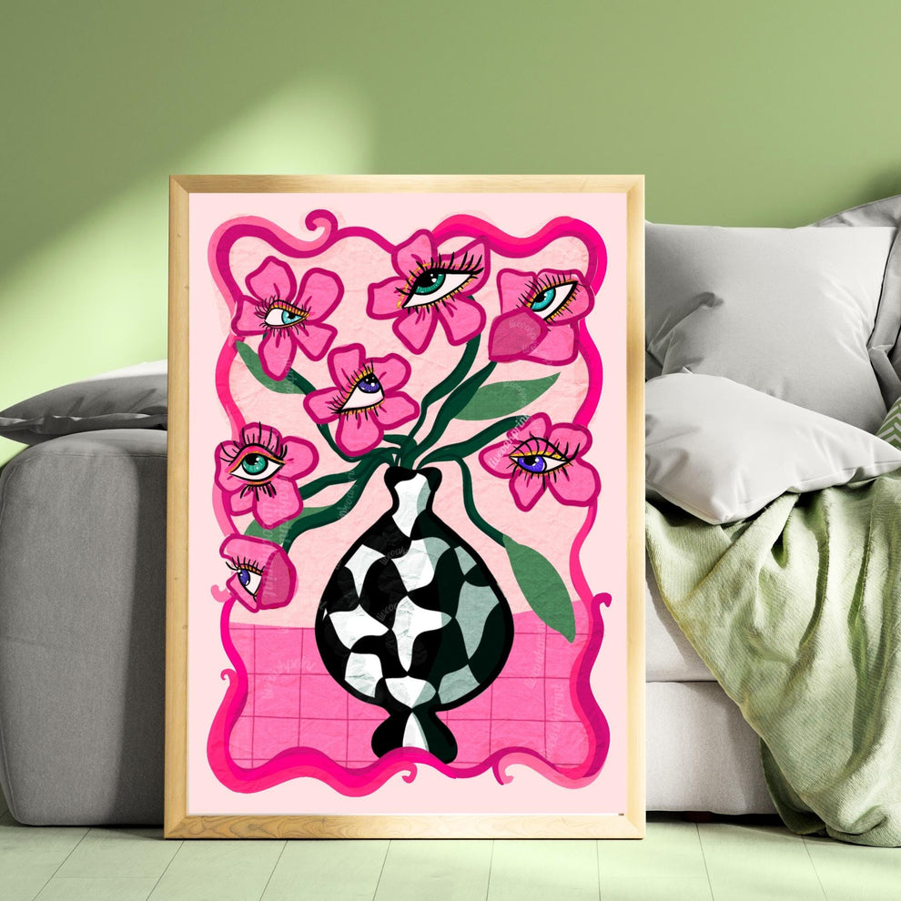 Pink Surreal Eye Flower Print – Funky Maximalist Wall Art – Pink Checkerboard Vase Poster – Trippy Retro Decor – Dopamine Aesthetic Eyeballs