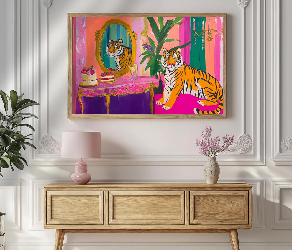 Glam Tiger Vanity Print – Horizontal Jungle Wall Art – Maximalist Animal Decor – Pink Dopamine Print – Over the Couch Statement Piece