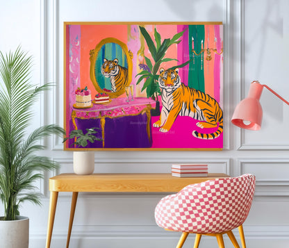 Glam Tiger Vanity Print – Horizontal Jungle Wall Art – Maximalist Animal Decor – Pink Dopamine Print – Over the Couch Statement Piece