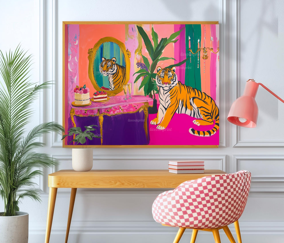 Glam Tiger Vanity Print – Horizontal Jungle Wall Art – Maximalist Animal Decor – Pink Dopamine Print – Over the Couch Statement Piece