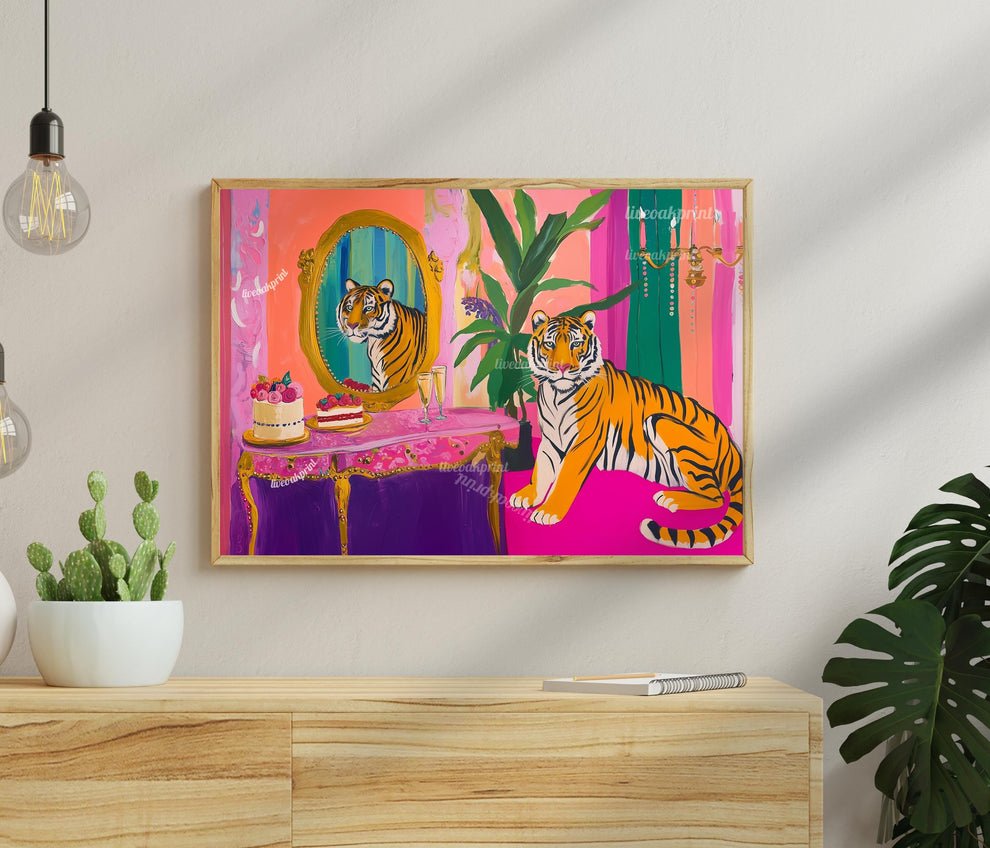 Glam Tiger Vanity Print – Horizontal Jungle Wall Art – Maximalist Animal Decor – Pink Dopamine Print – Over the Couch Statement Piece