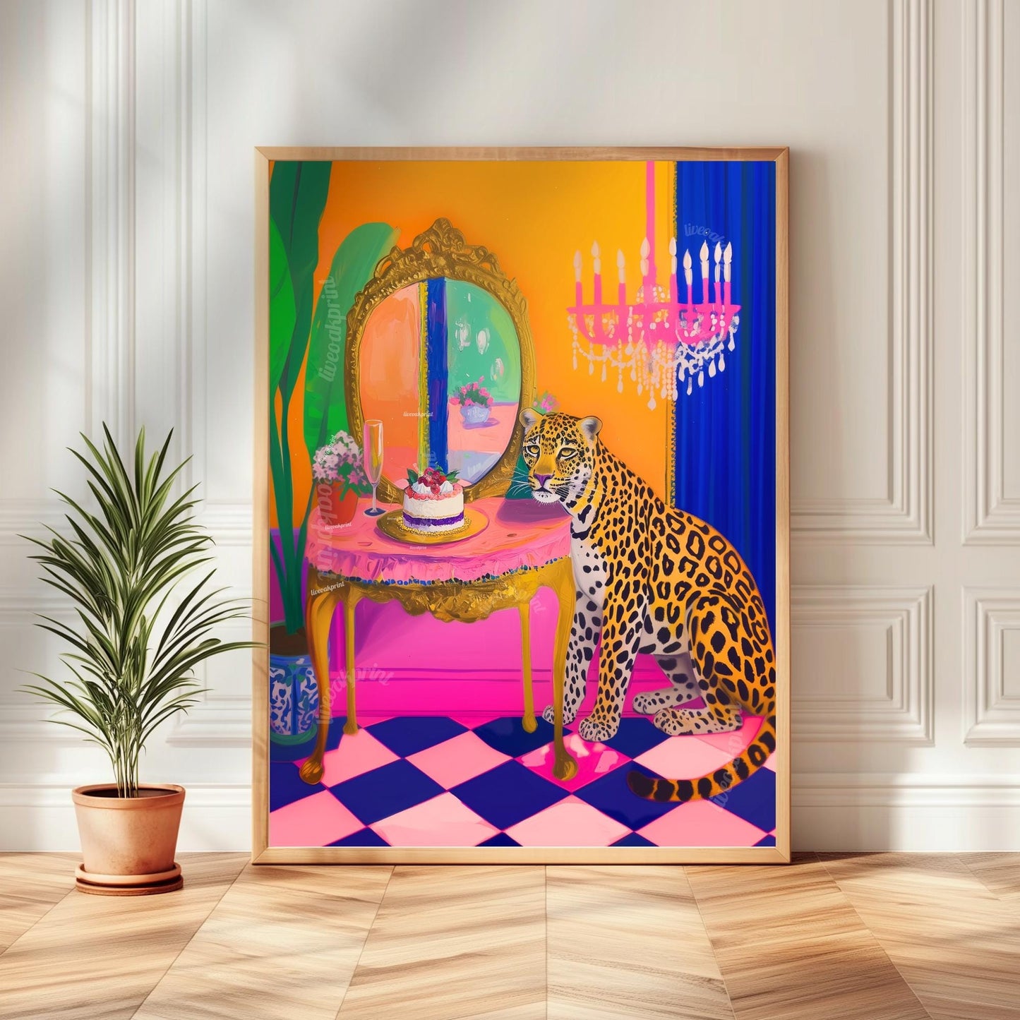 Leopard Vanity Print – Maximalist Glam Wall Art – Bold Jungle Decor – Dopamine Birthday Cake Print – Checkerboard Pop Art Poster