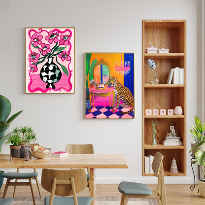 Leopard Vanity Print – Maximalist Glam Wall Art – Bold Jungle Decor – Dopamine Birthday Cake Print – Checkerboard Pop Art Poster