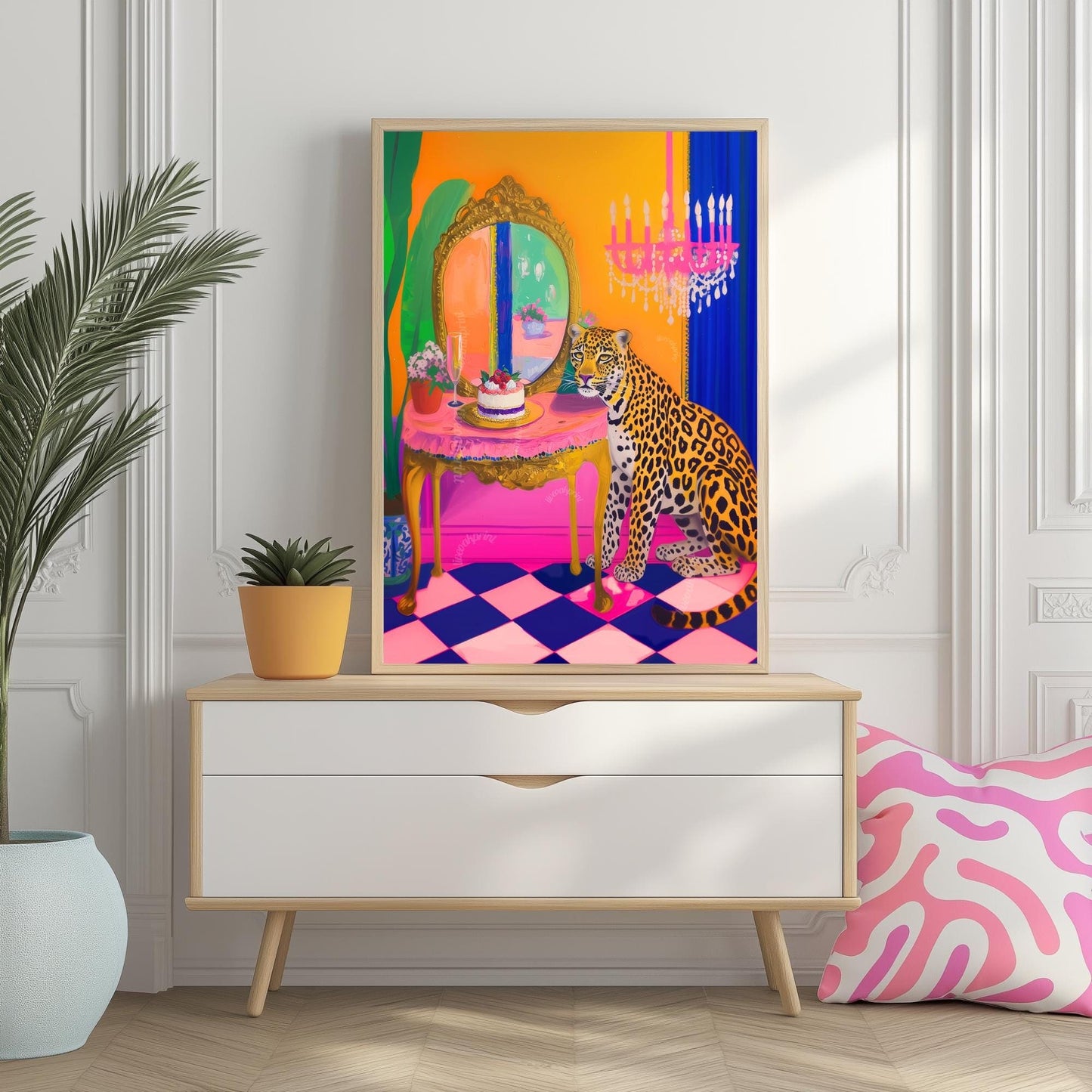 Leopard Vanity Print – Maximalist Glam Wall Art – Bold Jungle Decor – Dopamine Birthday Cake Print – Checkerboard Pop Art Poster