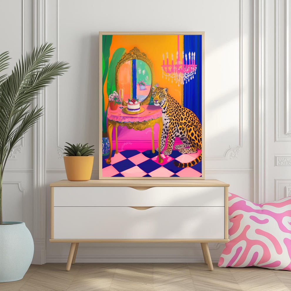 Leopard Vanity Print – Maximalist Glam Wall Art – Bold Jungle Decor – Dopamine Birthday Cake Print – Checkerboard Pop Art Poster