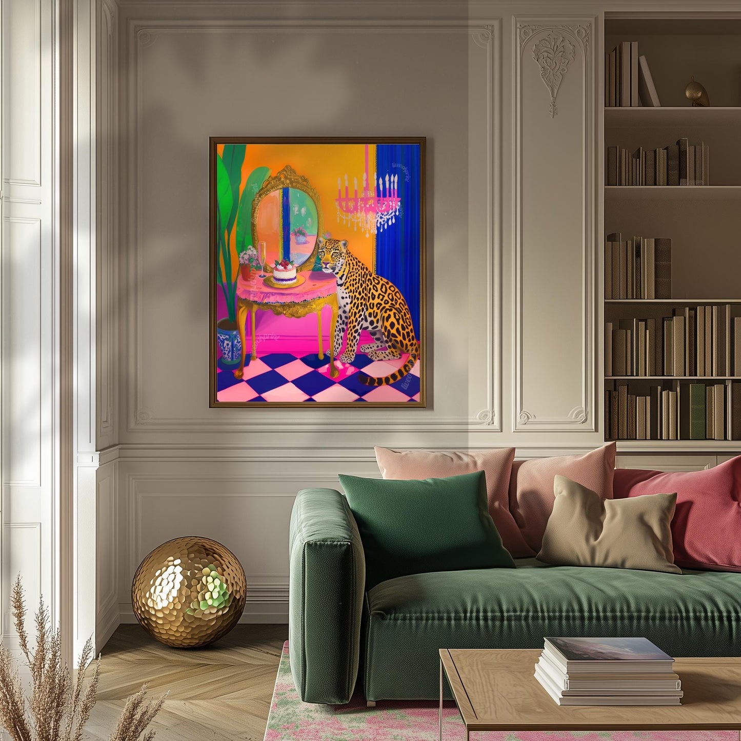 Leopard Vanity Print – Maximalist Glam Wall Art – Bold Jungle Decor – Dopamine Birthday Cake Print – Checkerboard Pop Art Poster