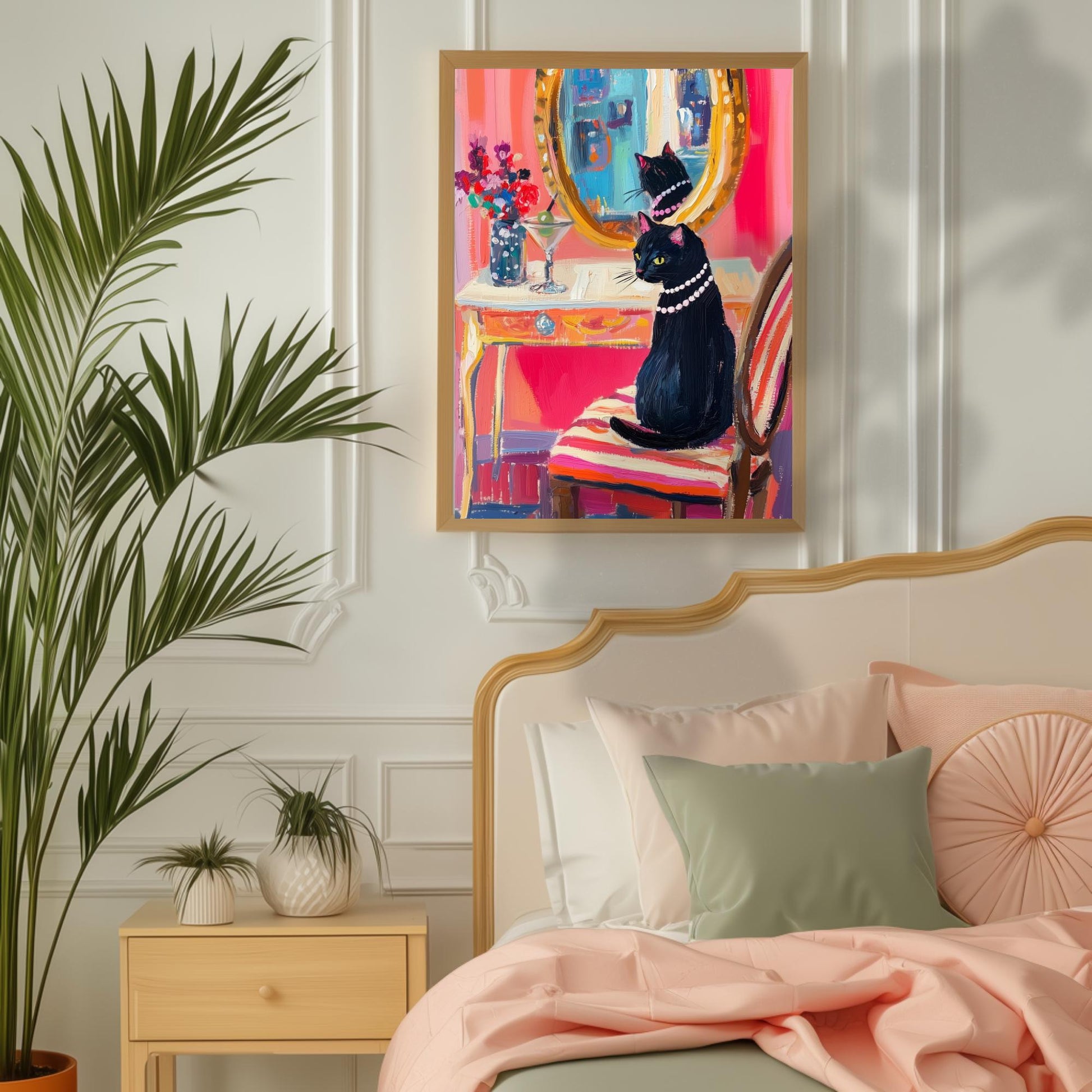 Black Cat Vanity Print – Martini Cat Wall Art – Maximalist Glam Cat Decor – Whimsical Cat Painting – Bar Cart, Bathroom, or Bedroom Art