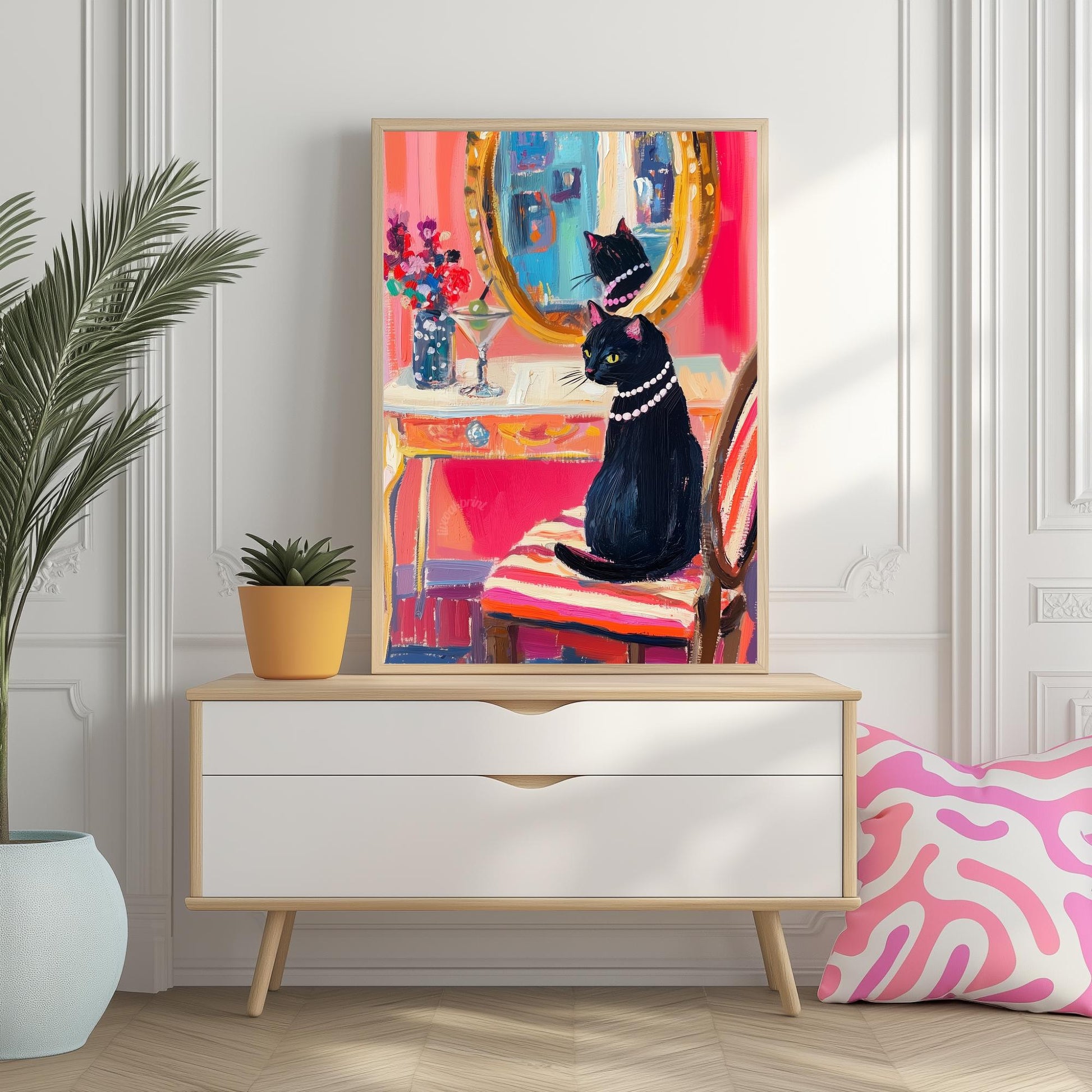Black Cat Vanity Print – Martini Cat Wall Art – Maximalist Glam Cat Decor – Whimsical Cat Painting – Bar Cart, Bathroom, or Bedroom Art