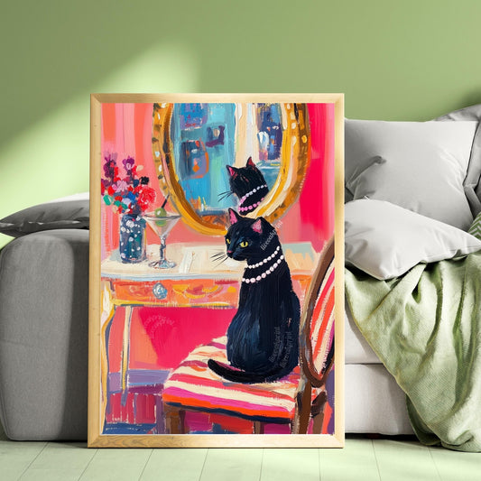 Black Cat Vanity Print – Martini Cat Wall Art – Maximalist Glam Cat Decor – Whimsical Cat Painting – Bar Cart, Bathroom, or Bedroom Art