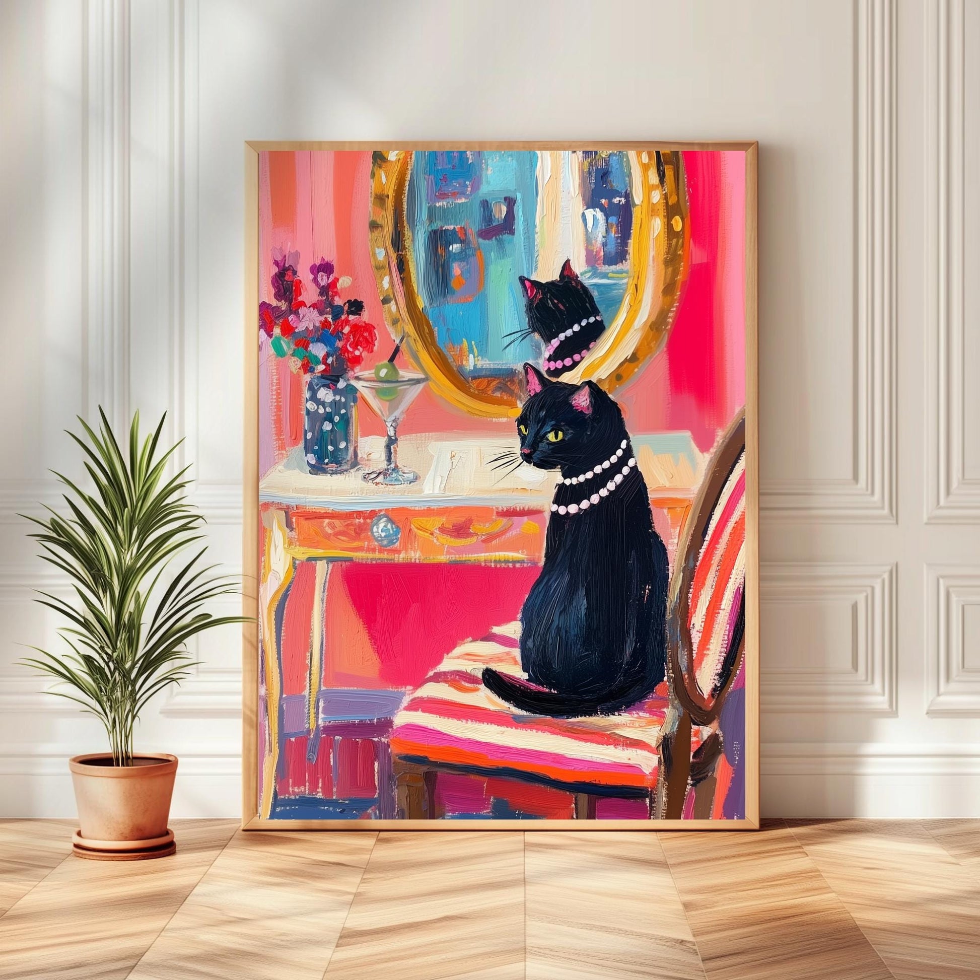 Black Cat Vanity Print – Martini Cat Wall Art – Maximalist Glam Cat Decor – Whimsical Cat Painting – Bar Cart, Bathroom, or Bedroom Art