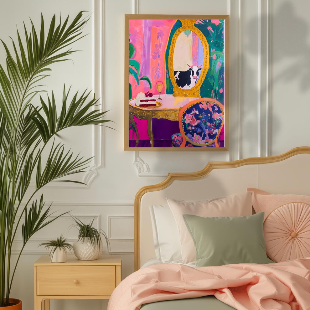 Unhinged Luxury Cow Print – Maximalist Cow Wall Art – Whimsical Vanity Scene with Cake & Gold Mirror – Eclectic Kitchen, Bathroom, or Bar