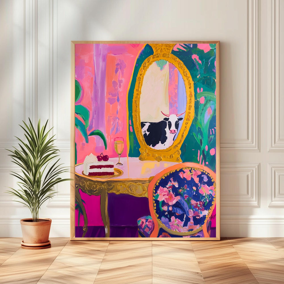 Unhinged Luxury Cow Print – Maximalist Cow Wall Art – Whimsical Vanity Scene with Cake & Gold Mirror – Eclectic Kitchen, Bathroom, or Bar