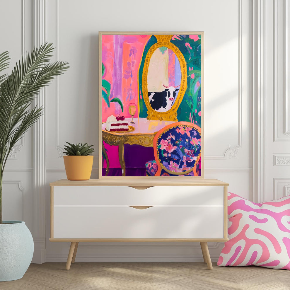 Unhinged Luxury Cow Print – Maximalist Cow Wall Art – Whimsical Vanity Scene with Cake & Gold Mirror – Eclectic Kitchen, Bathroom, or Bar