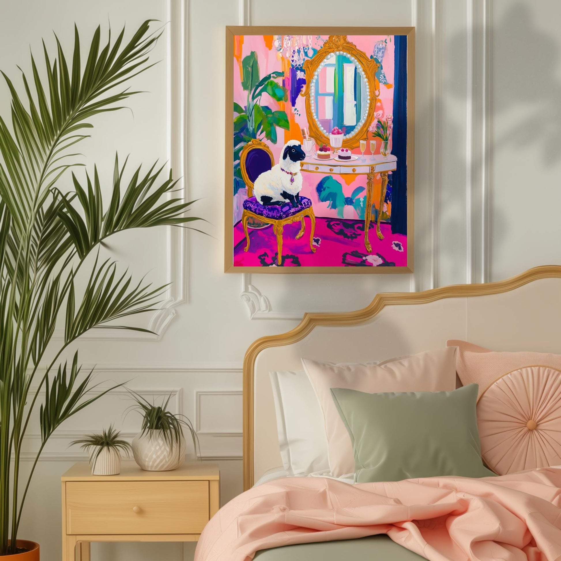 Sheep In Jeweled Necklace Is Excited To Destroy Your Evening Plans- Maximalist Glam Animal Print – Funny Whimsical Sheep Art Gallery Wall