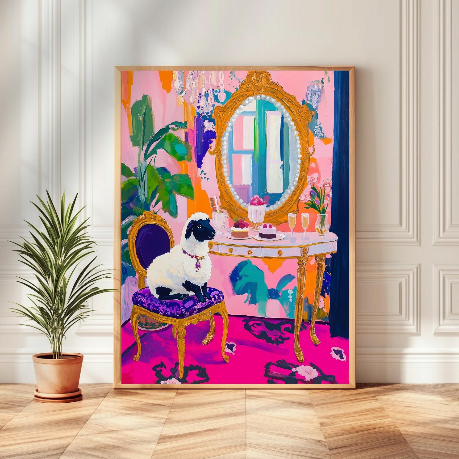 Sheep In Jeweled Necklace Is Excited To Destroy Your Evening Plans- Maximalist Glam Animal Print – Funny Whimsical Sheep Art Gallery Wall