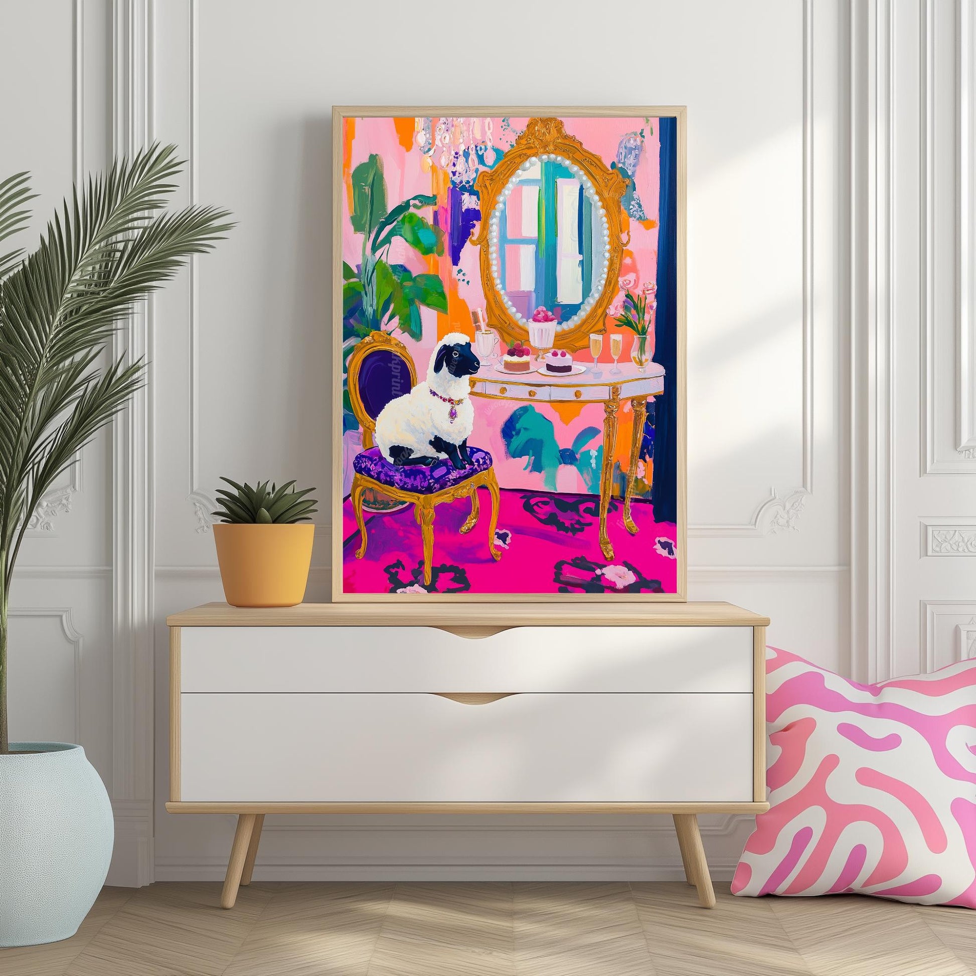 Sheep In Jeweled Necklace Is Excited To Destroy Your Evening Plans- Maximalist Glam Animal Print – Funny Whimsical Sheep Art Gallery Wall