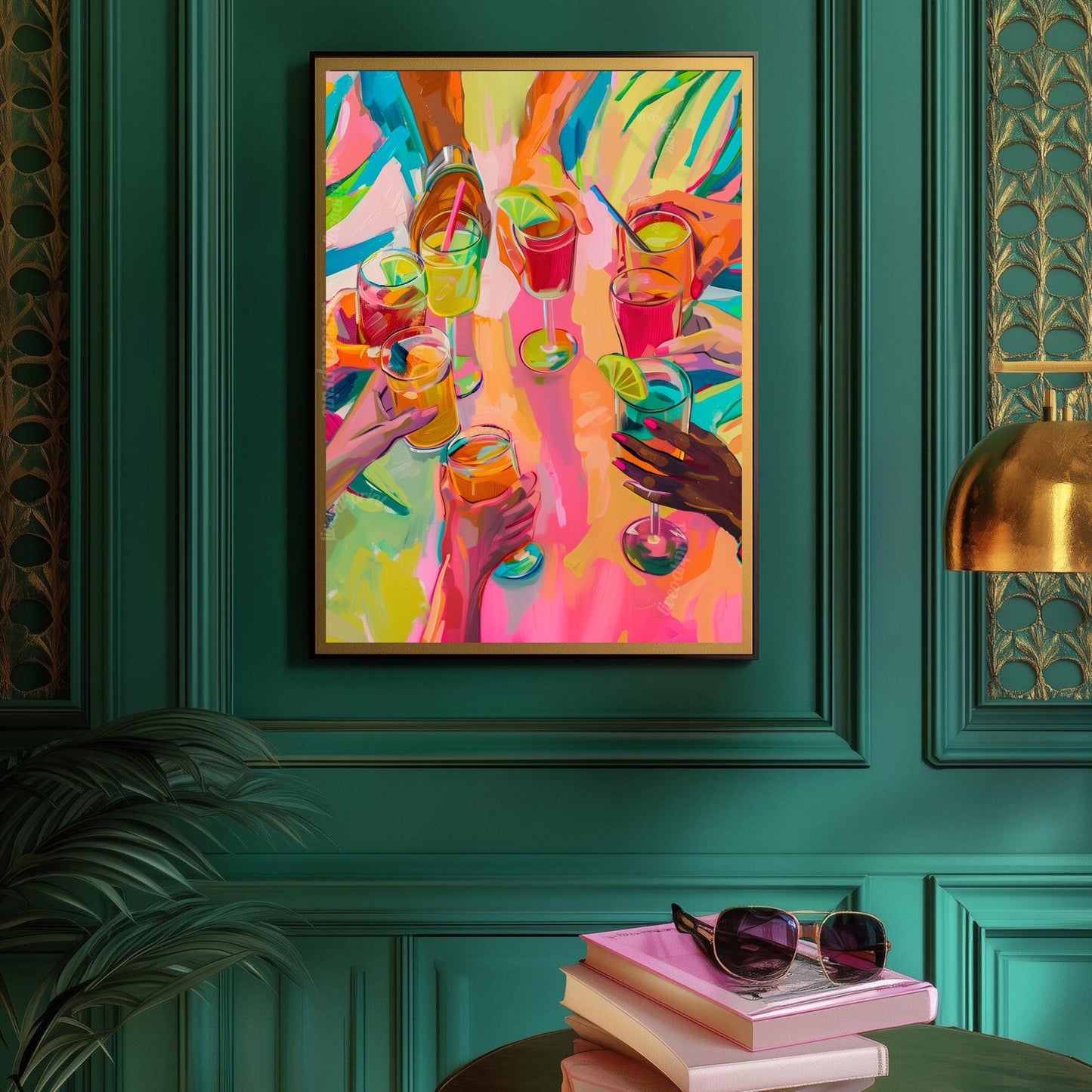 Colorful Cocktail Cheers Print – Vertical Party Wall Art – Summer Drink Poster – Dopamine Decor – Vibrant Bar Cart Artwork