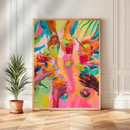 Colorful Cocktail Cheers Print – Vertical Party Wall Art – Summer Drink Poster – Dopamine Decor – Vibrant Bar Cart Artwork