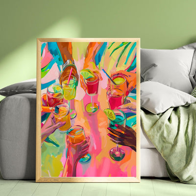 Colorful Cocktail Cheers Print – Vertical Party Wall Art – Summer Drink Poster – Dopamine Decor – Vibrant Bar Cart Artwork