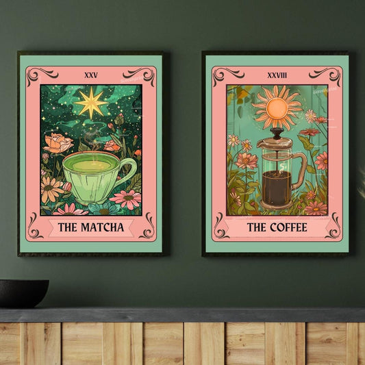 Coffee and Matcha Print Set – Coffee Bar Wall Art – Boho Kitchen Decor – Tea and Coffee Poster Set – Green & Brown Wall Art – Coffee Gift