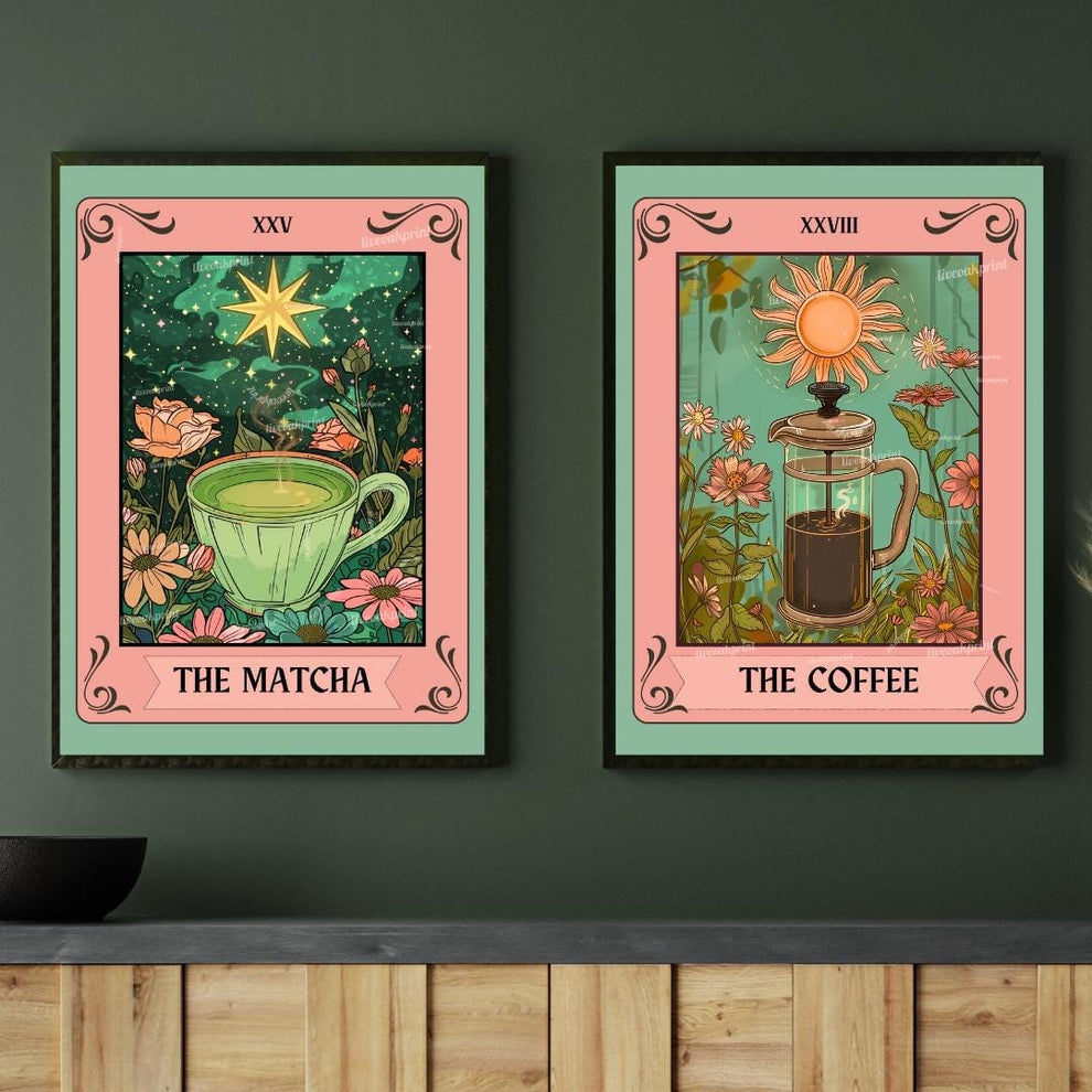 Coffee and Matcha Print Set – Coffee Bar Wall Art – Boho Kitchen Decor – Tea and Coffee Poster Set – Green & Brown Wall Art – Coffee Gift