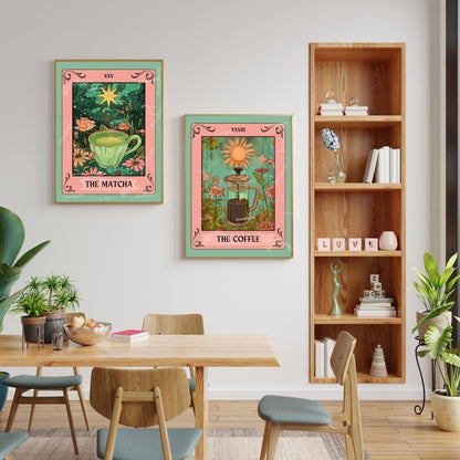 Coffee and Matcha Print Set – Coffee Bar Wall Art – Boho Kitchen Decor – Tea and Coffee Poster Set – Green & Brown Wall Art – Coffee Gift