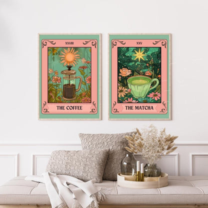 Coffee and Matcha Print Set – Coffee Bar Wall Art – Boho Kitchen Decor – Tea and Coffee Poster Set – Green & Brown Wall Art – Coffee Gift
