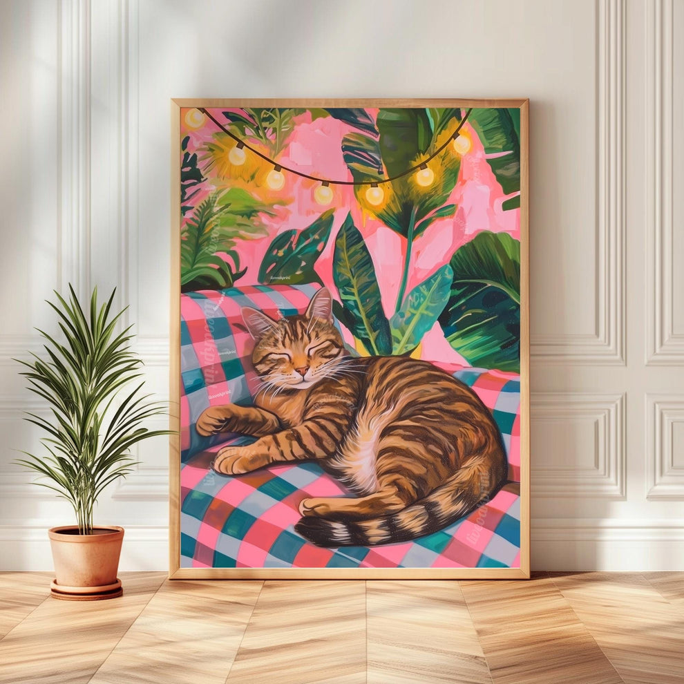 Cozy Tabby Cat Print – Boho Cat Wall Art – Gingham Bedroom Decor – Brown Cat Print – Pink and Green Cat Poster – Cute Animal Wall Art