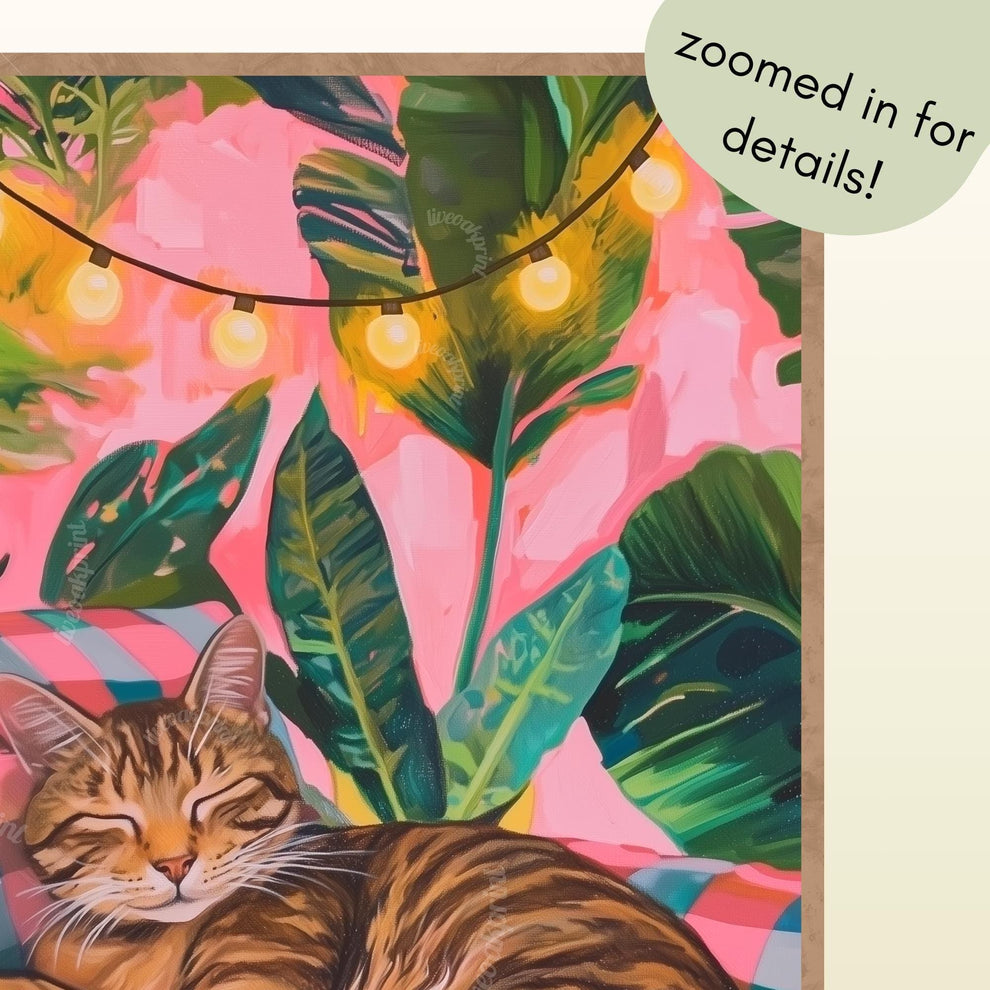 Cozy Tabby Cat Print – Boho Cat Wall Art – Gingham Bedroom Decor – Brown Cat Print – Pink and Green Cat Poster – Cute Animal Wall Art